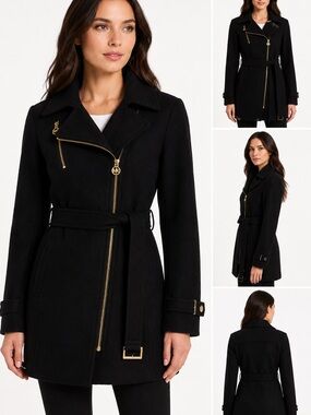 MICHAEL Michael Kors Black Wool Trench Coat with Gold Hardware